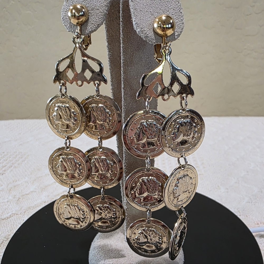 Vintage Gold Imitation Coin Chandelier Drop Dangle CLIP ON Roman Style Earrings